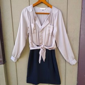 Rebecca Taylor Cream Gold Silky Tie Button Up Work Party Dress Size 6 Small